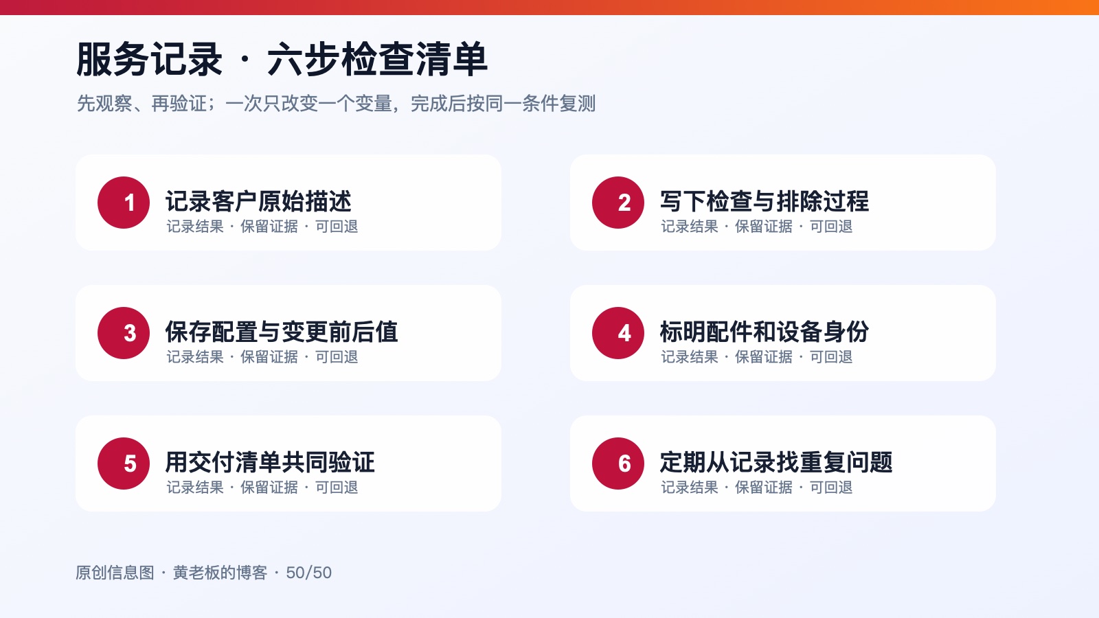 为什么服务记录能减少返工：维修、网络和办公设备都适用六步检查信息图