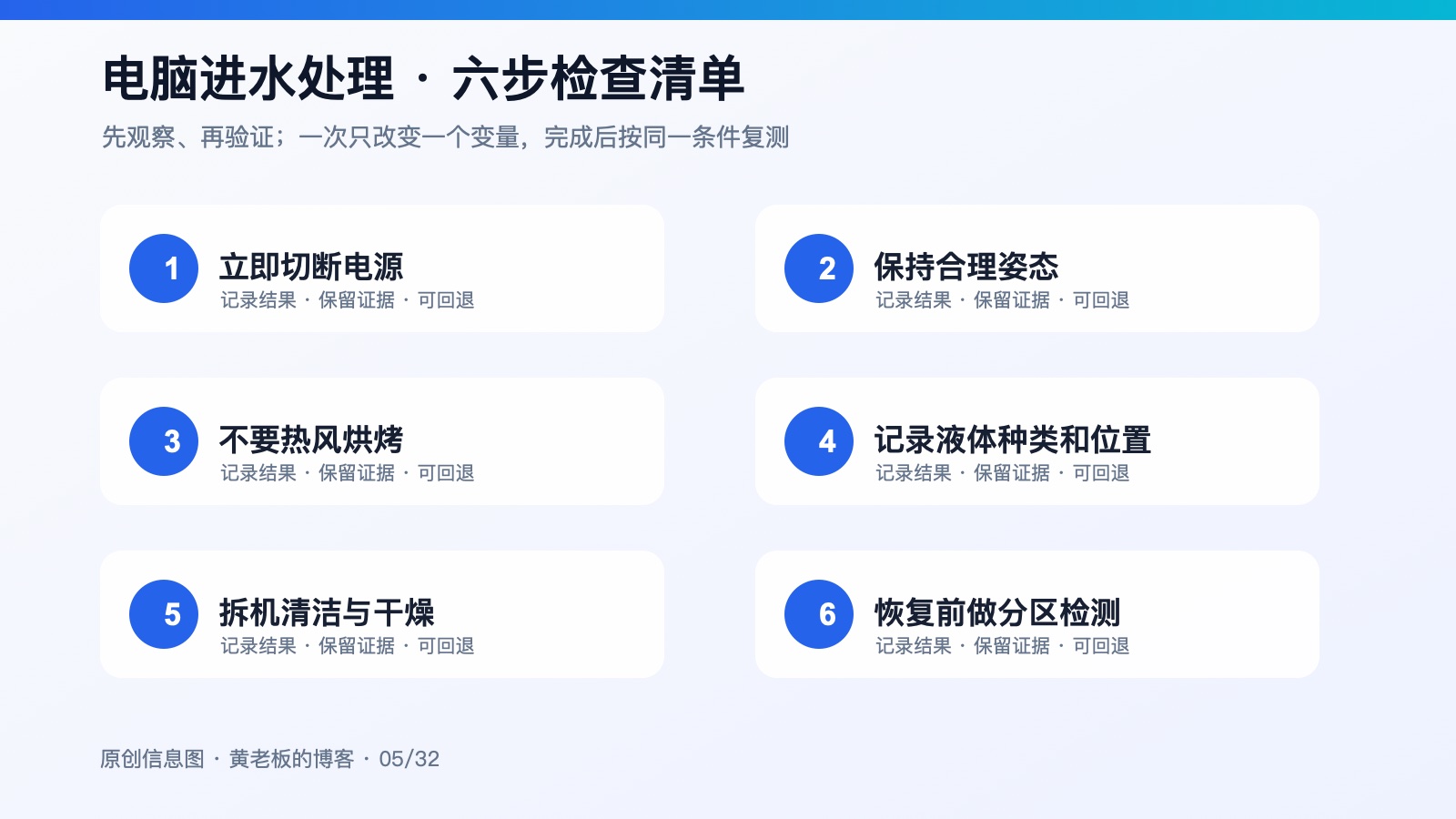 电脑进水后不要马上开机，正确处理顺序在这里六步排查原创信息图